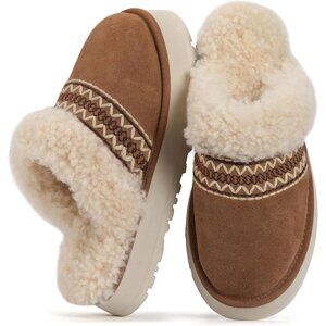 Women's Winter Warm Light Brown Fuzzy Faux Fur Suede Slippers Rubber Sole Shoes